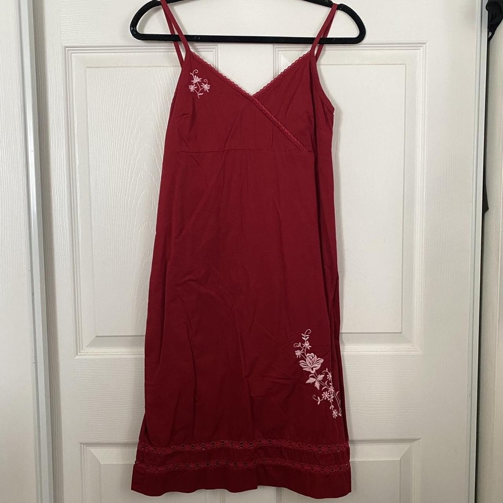 Red Floral-Accent Slip Dress with Lace Trim